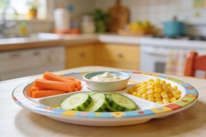 A child's plate with raw carrot sticks, cucumber rounds, corn and a small bowl of dip in separate groups.
