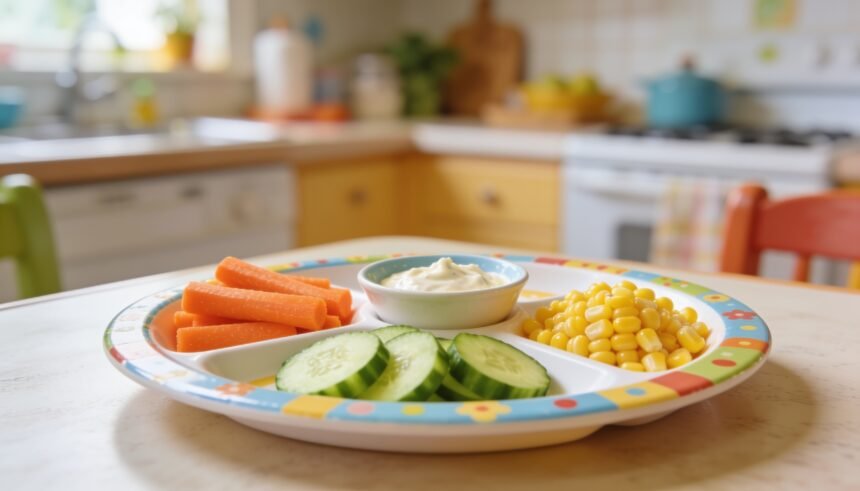 A child's plate with raw carrot sticks, cucumber rounds, corn and a small bowl of dip in separate groups.
