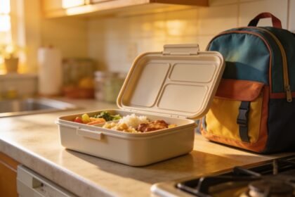 An open lunchbox on a kitchen bench with most of the food still in it and a school bag beside it.
