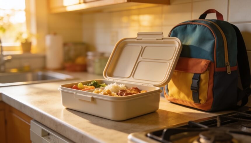 An open lunchbox on a kitchen bench with most of the food still in it and a school bag beside it.