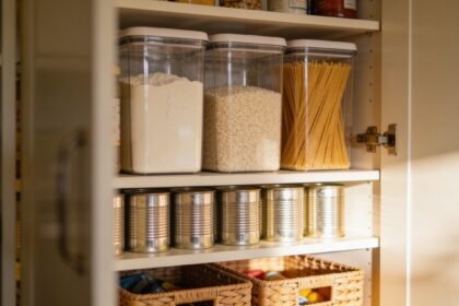 An open pantry with sealed clear containers on an upper shelf, tins one deep, and a low basket at child height.