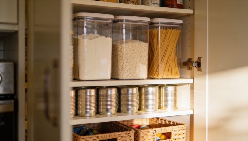 An open pantry with sealed clear containers on an upper shelf, tins one deep, and a low basket at child height.