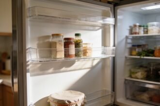An open fridge with one clear eye-level shelf holding a few grouped items and a covered container on the bottom shelf.
