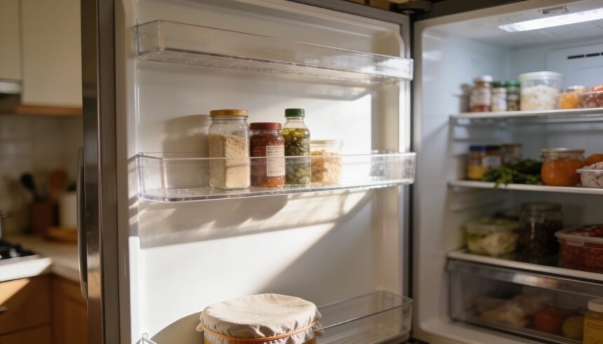 An open fridge with one clear eye-level shelf holding a few grouped items and a covered container on the bottom shelf.