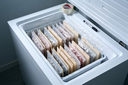 An open freezer drawer with flat-frozen bags standing upright in a labelled bin, with tape and a marker nearby.