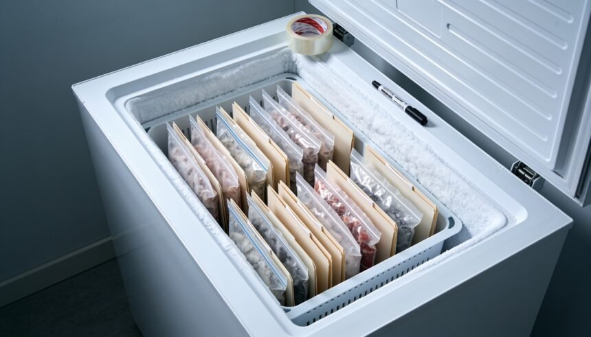 An open freezer drawer with flat-frozen bags standing upright in a labelled bin, with tape and a marker nearby.