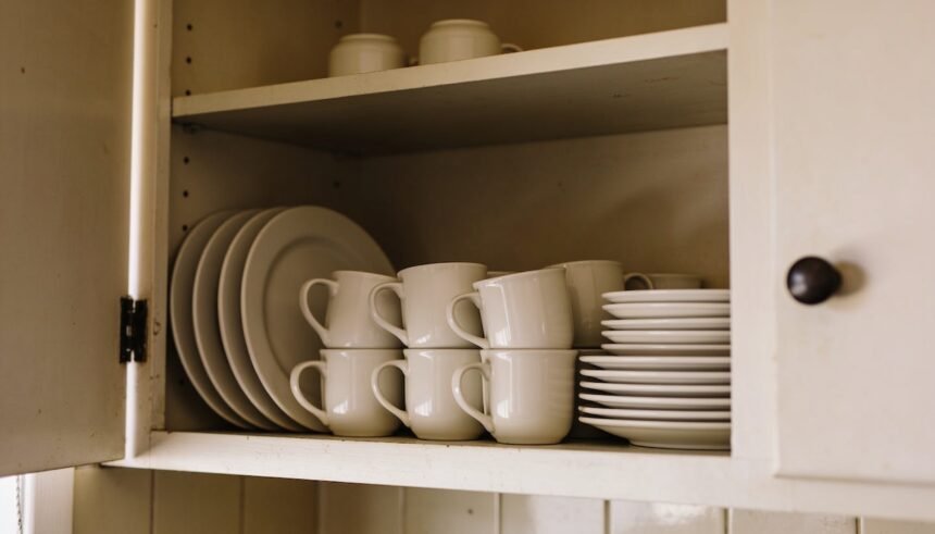 An open kitchen cupboard with matching plates and cups grouped at eye level and taller storage above.