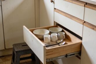 An open lower kitchen drawer with everyday bowls, cups and spoons arranged side by side.