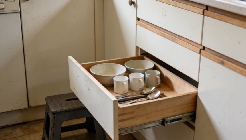 An open lower kitchen drawer with everyday bowls, cups and spoons arranged side by side.