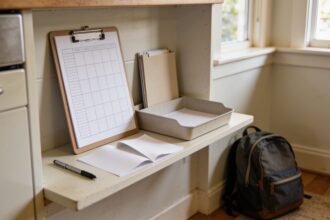 Clipboard, pen and paper tray on a kitchen shelf beside a school backpack.