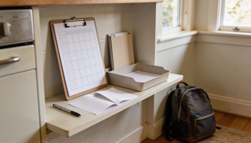 Clipboard, pen and paper tray on a kitchen shelf beside a school backpack.