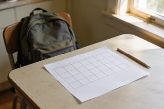 Blank weekly planning grid and pencil on a kitchen table with a school backpack nearby.
