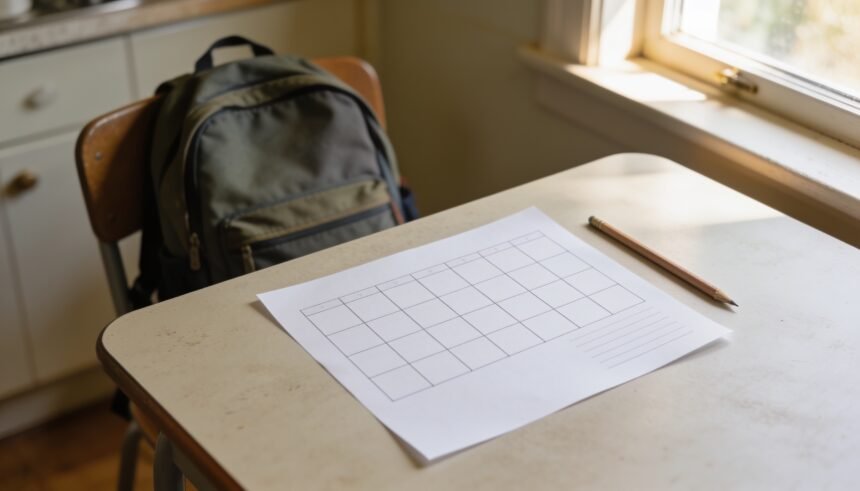 Blank weekly planning grid and pencil on a kitchen table with a school backpack nearby.