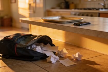 An open school bag on a kitchen floor with crumpled notes spilling out, and an empty tray on the bench above.