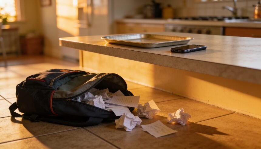 An open school bag on a kitchen floor with crumpled notes spilling out, and an empty tray on the bench above.