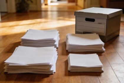 Four sorted piles of paper documents on a timber floor with a closed document container beside the smallest pile.
