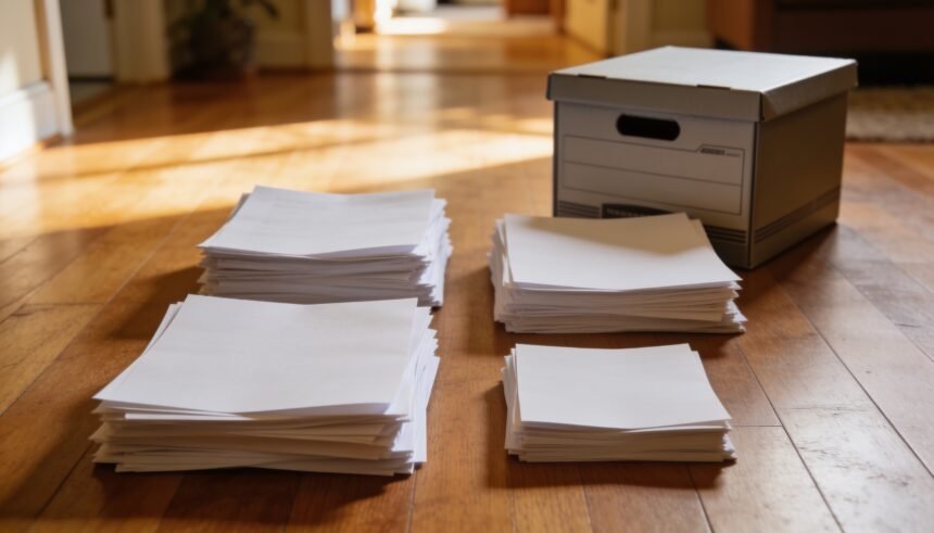 Four sorted piles of paper documents on a timber floor with a closed document container beside the smallest pile.