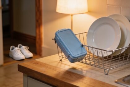 A tidy kitchen bench and drying rack in the evening, with a school lunchbox and shoes visible nearby.