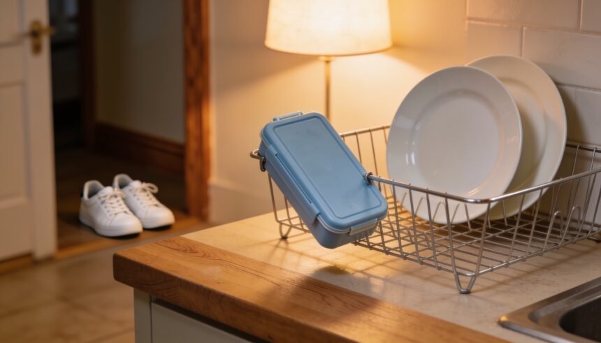 A tidy kitchen bench and drying rack in the evening, with a school lunchbox and shoes visible nearby.