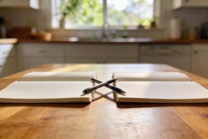 Two open notebooks and two pens on a kitchen table, side by side, suggesting a shared planning session.