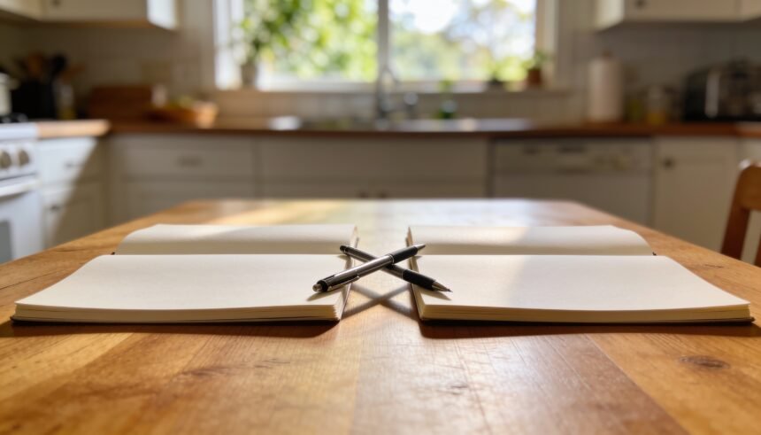 Two open notebooks and two pens on a kitchen table, side by side, suggesting a shared planning session.