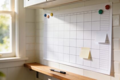 A blank year wall planner on a kitchen wall with coloured magnets and sticky notes, and a pen on the bench below.