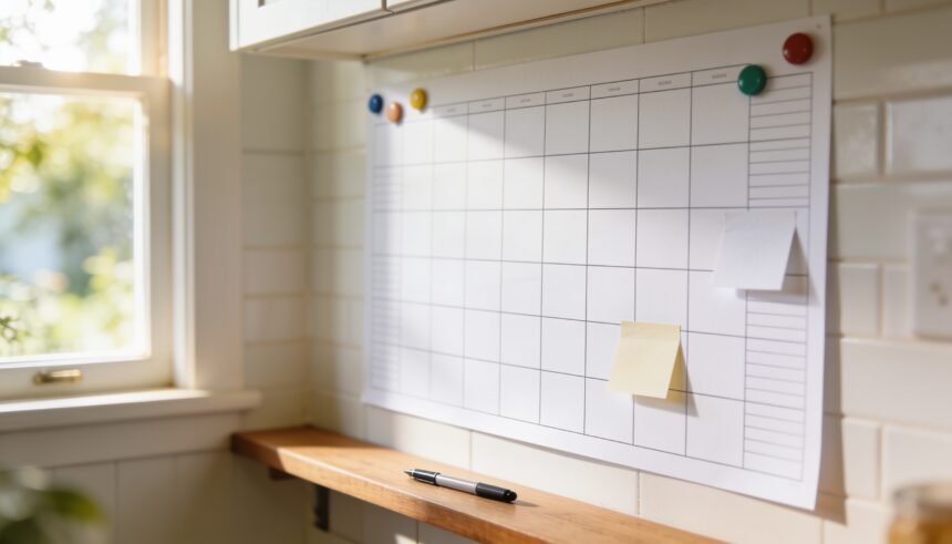 A blank year wall planner on a kitchen wall with coloured magnets and sticky notes, and a pen on the bench below.