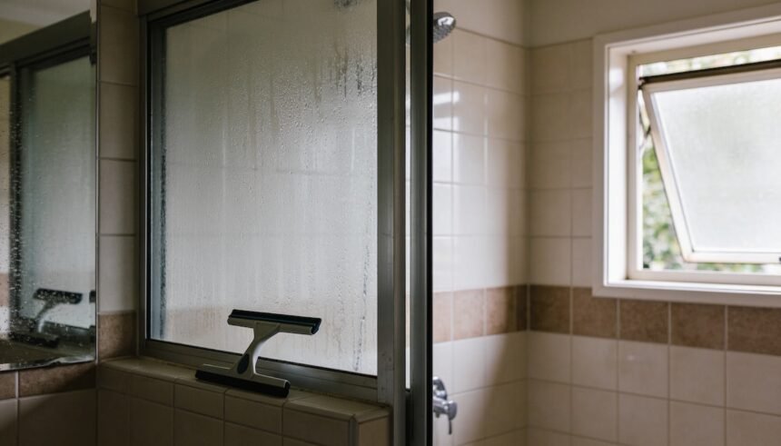 A bathroom with the window open and condensation clearing from the mirror after a shower.
