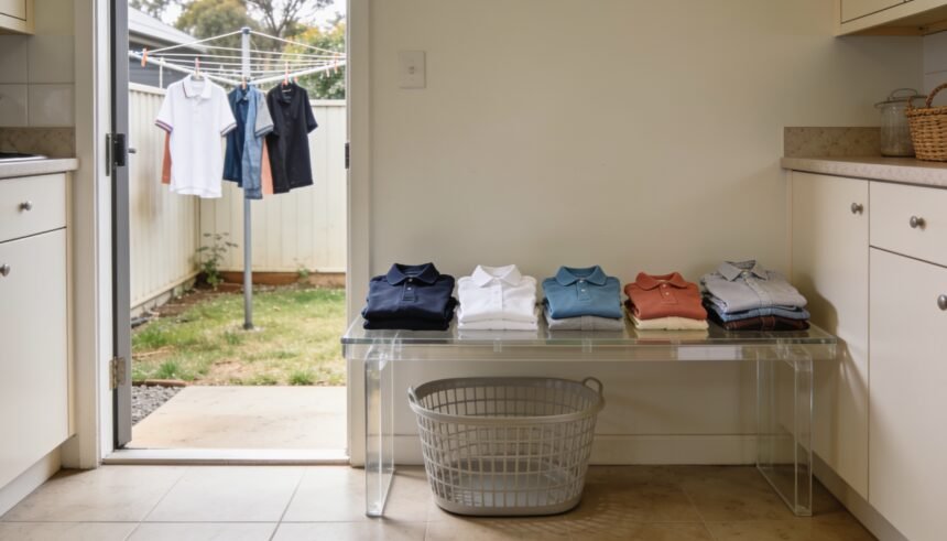 Five separate piles of clean clothing on a laundry bench, with an empty basket below and a clothesline visible outside.