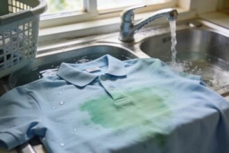 A pale school polo shirt with a green stain lying in a laundry sink under running cold water.