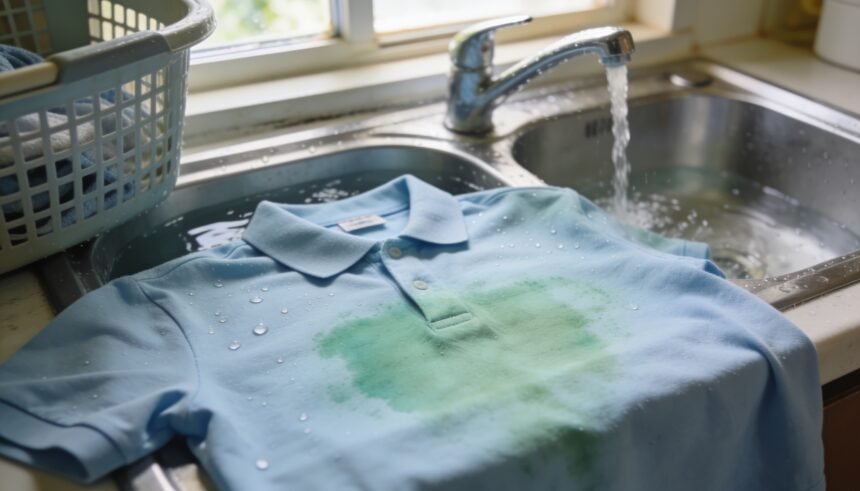 A pale school polo shirt with a green stain lying in a laundry sink under running cold water.