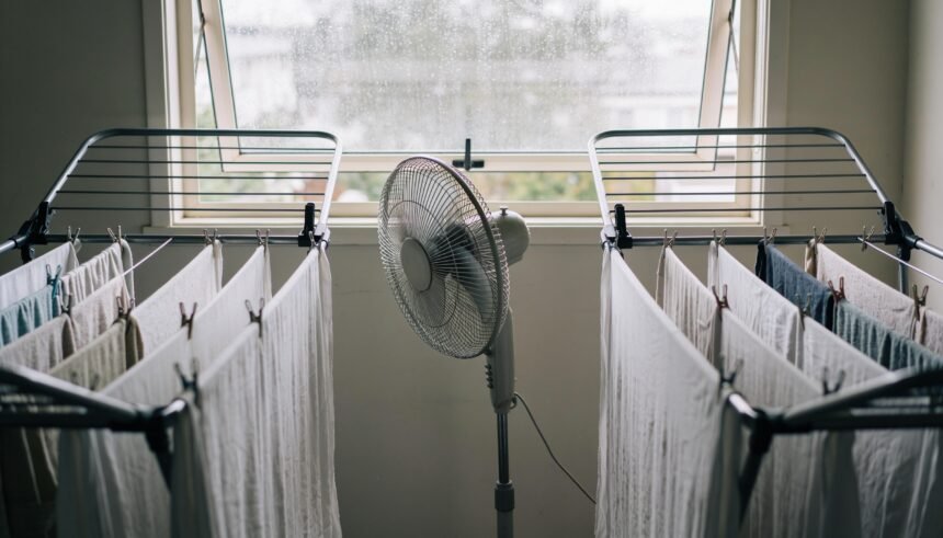 Two clothes airers with washing hung spaced apart, a pedestal fan pointed at them and an open window behind.