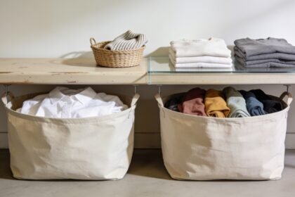 Baskets of white and coloured washing below a laundry bench, with a separate garment awaiting a check and folded clothes above.