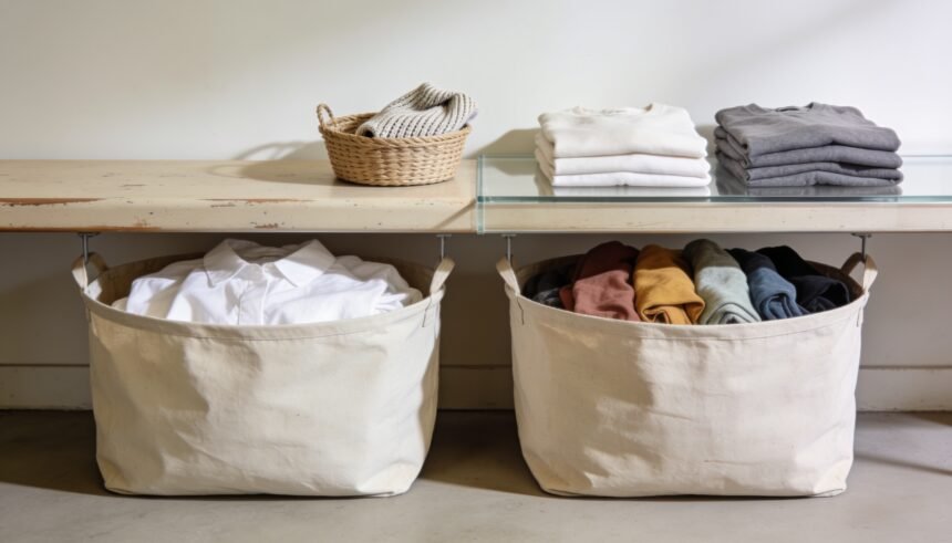 Baskets of white and coloured washing below a laundry bench, with a separate garment awaiting a check and folded clothes above.