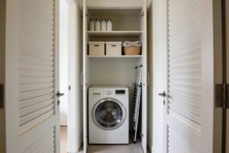 Open European laundry cupboard with a front loader, a shelf of plain boxes above it, unmarked bottles on a high shelf and a folded airer beside the machine.