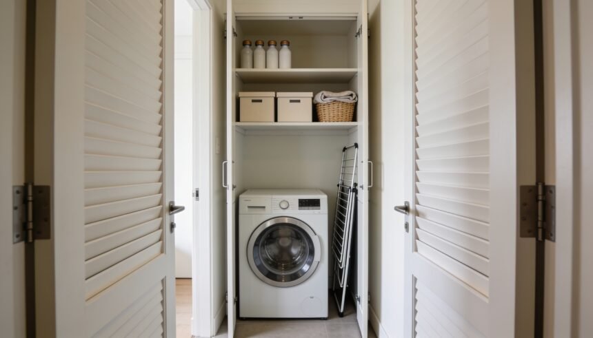Open European laundry cupboard with a front loader, a shelf of plain boxes above it, unmarked bottles on a high shelf and a folded airer beside the machine.