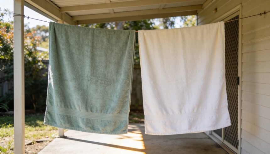 Two cotton bath towels hanging separately on a clothesline under a shaded verandah.