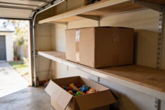 A taped cardboard box on a high garage shelf above a half-full open box of plain toys on the floor.