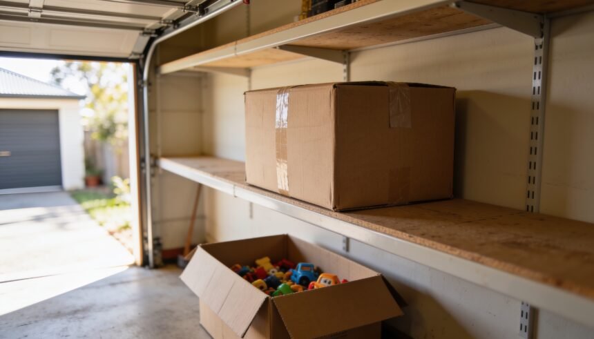 A taped cardboard box on a high garage shelf above a half-full open box of plain toys on the floor.