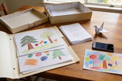 Flat children's drawings in a large folder beside school papers, a paper bird and a phone ready to photograph artwork.