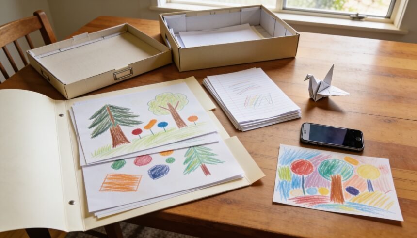 Flat children's drawings in a large folder beside school papers, a paper bird and a phone ready to photograph artwork.