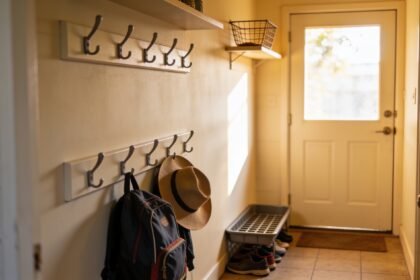 A narrow hallway with two rows of hooks at different heights holding a school bag and a hat, a shoe tray below.
