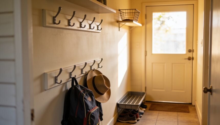A narrow hallway with two rows of hooks at different heights holding a school bag and a hat, a shoe tray below.