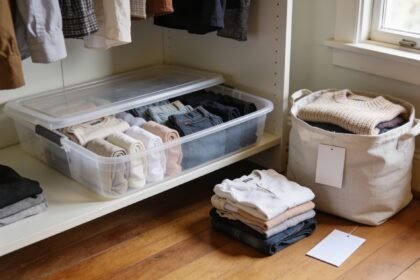 Folded children's clothes grouped in an open storage tub beside a next-size bundle and a cotton bag holding a jumper.