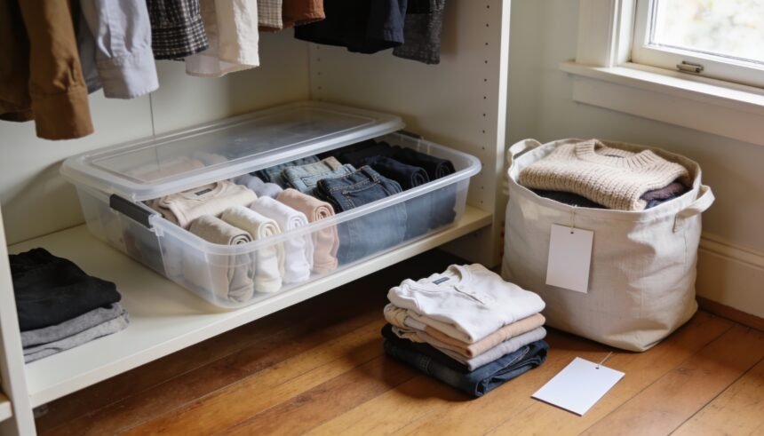 Folded children's clothes grouped in an open storage tub beside a next-size bundle and a cotton bag holding a jumper.