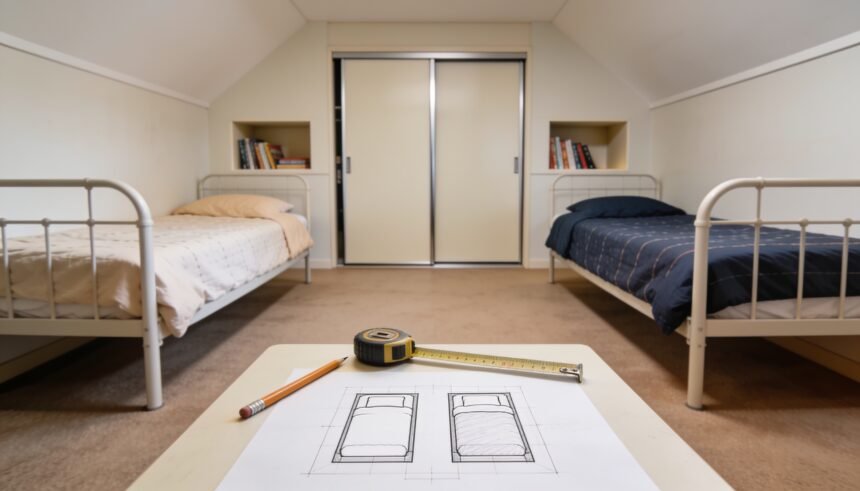 Two single beds with different bedding in a shared bedroom, with a floor-plan sketch and tape measure in the foreground.