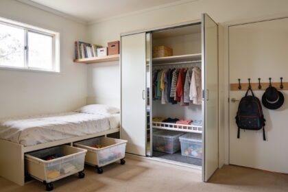 A small child's bedroom with wheeled tubs under the bed, labelled tubs inside the built-in robe and a high shelf running along the wall.
