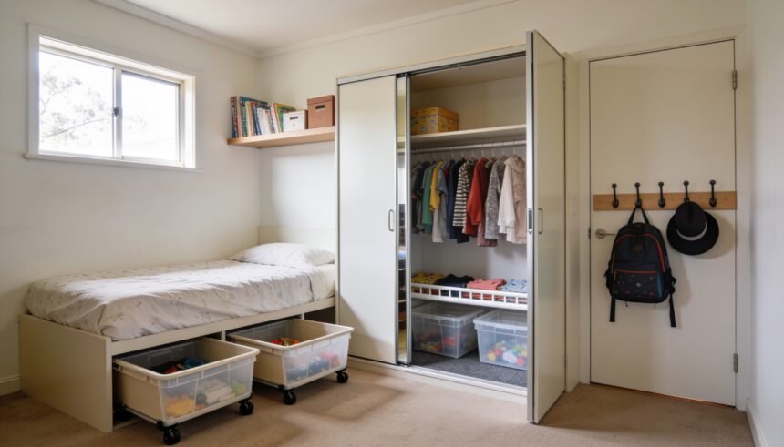 A small child's bedroom with wheeled tubs under the bed, labelled tubs inside the built-in robe and a high shelf running along the wall.