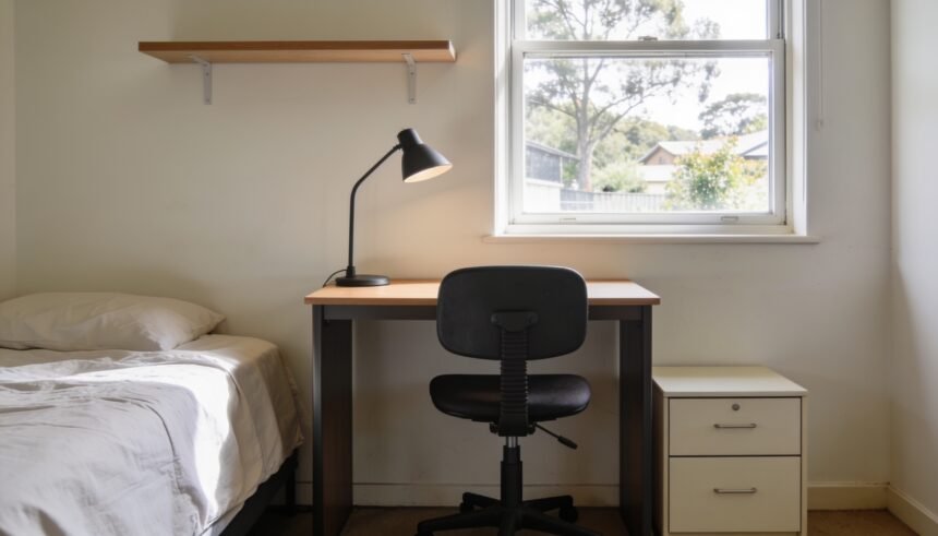 A narrow study desk under a bedroom window with an adjustable chair, desk lamp and a shelf above.