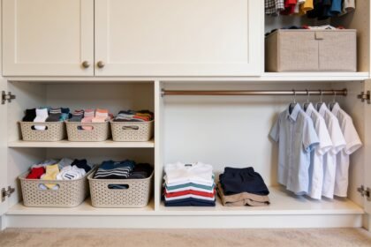 Open built-in wardrobe with low baskets for socks and underwear, folded everyday clothes and school shirts on a reachable rail.
